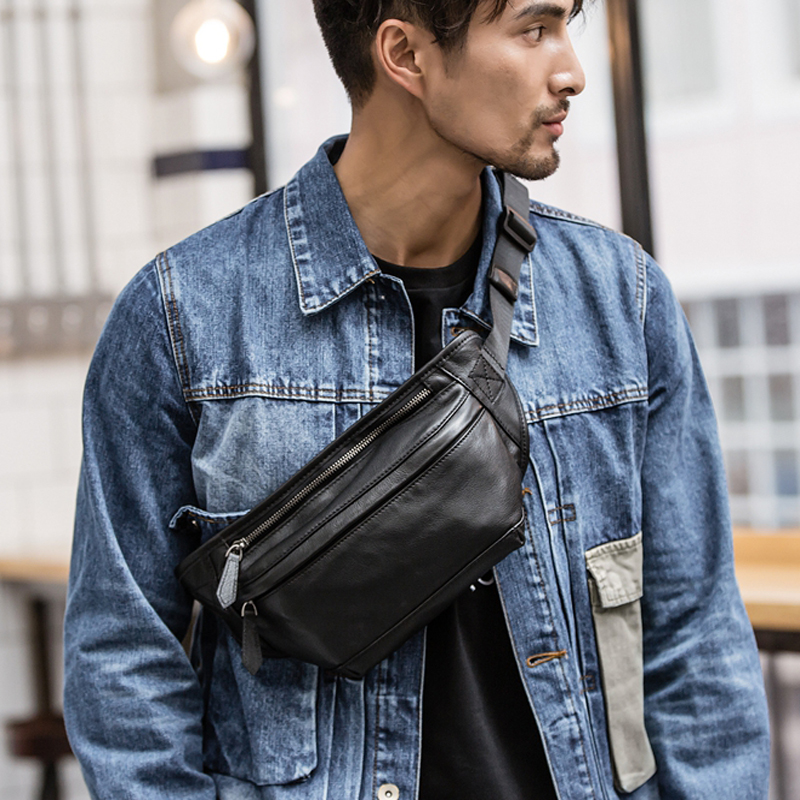 Men Accessories Pack - 남성용 진짜 가죽 허리 가방, 가슴